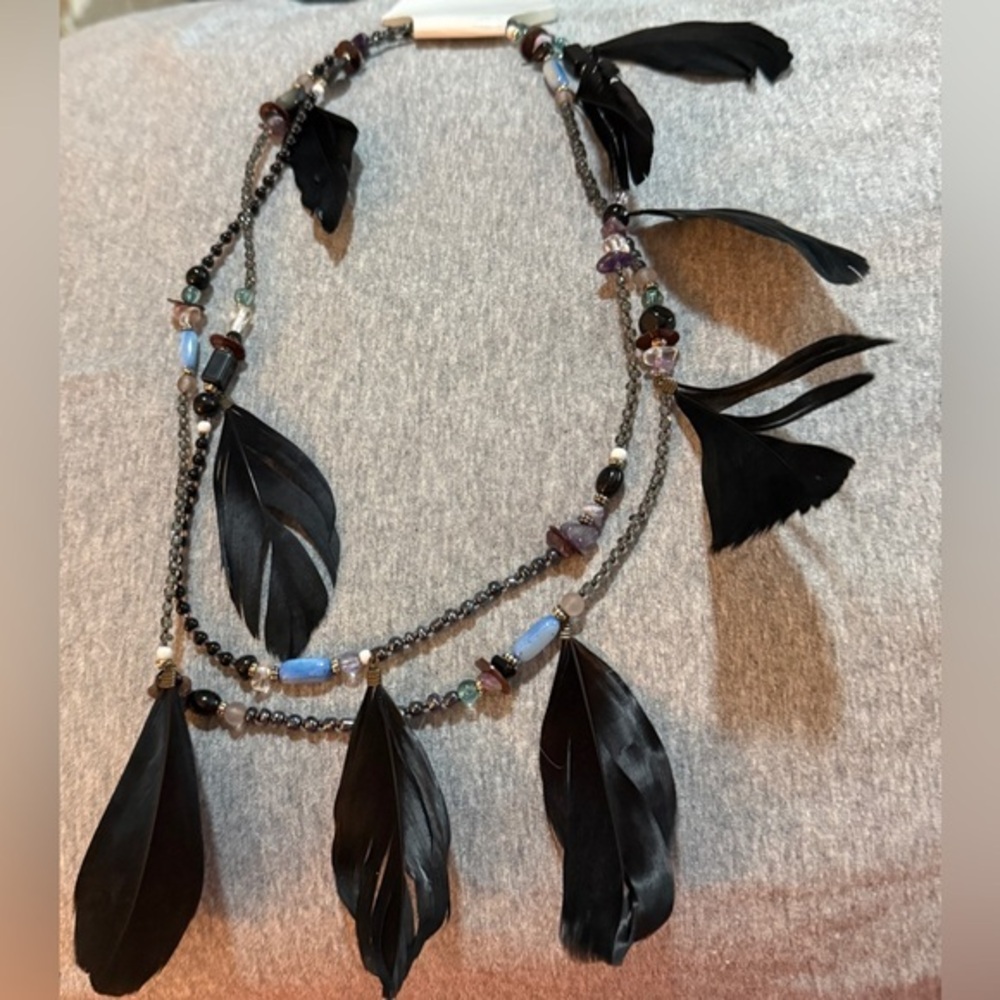 Black Feather Beaded Necklace NWT